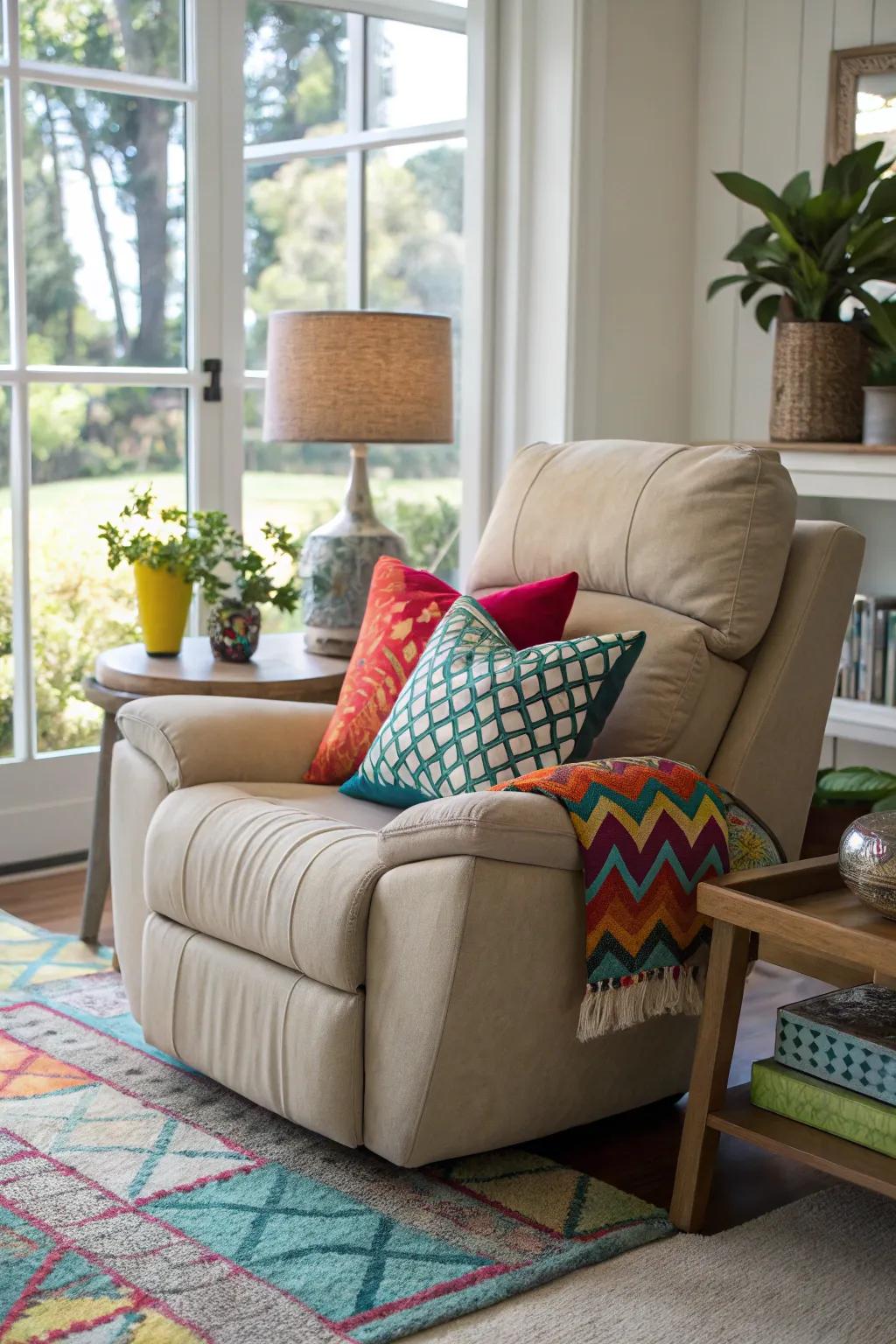 A lively recliner setting enhanced with ornamental throw cushions.