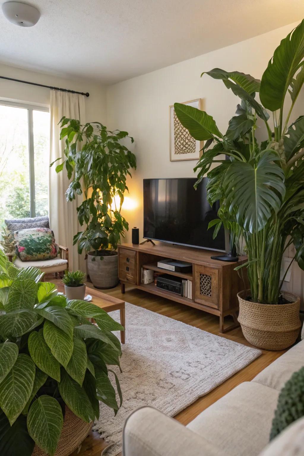 Greenery injects a revitalizing and vibrant touch into the TV area.