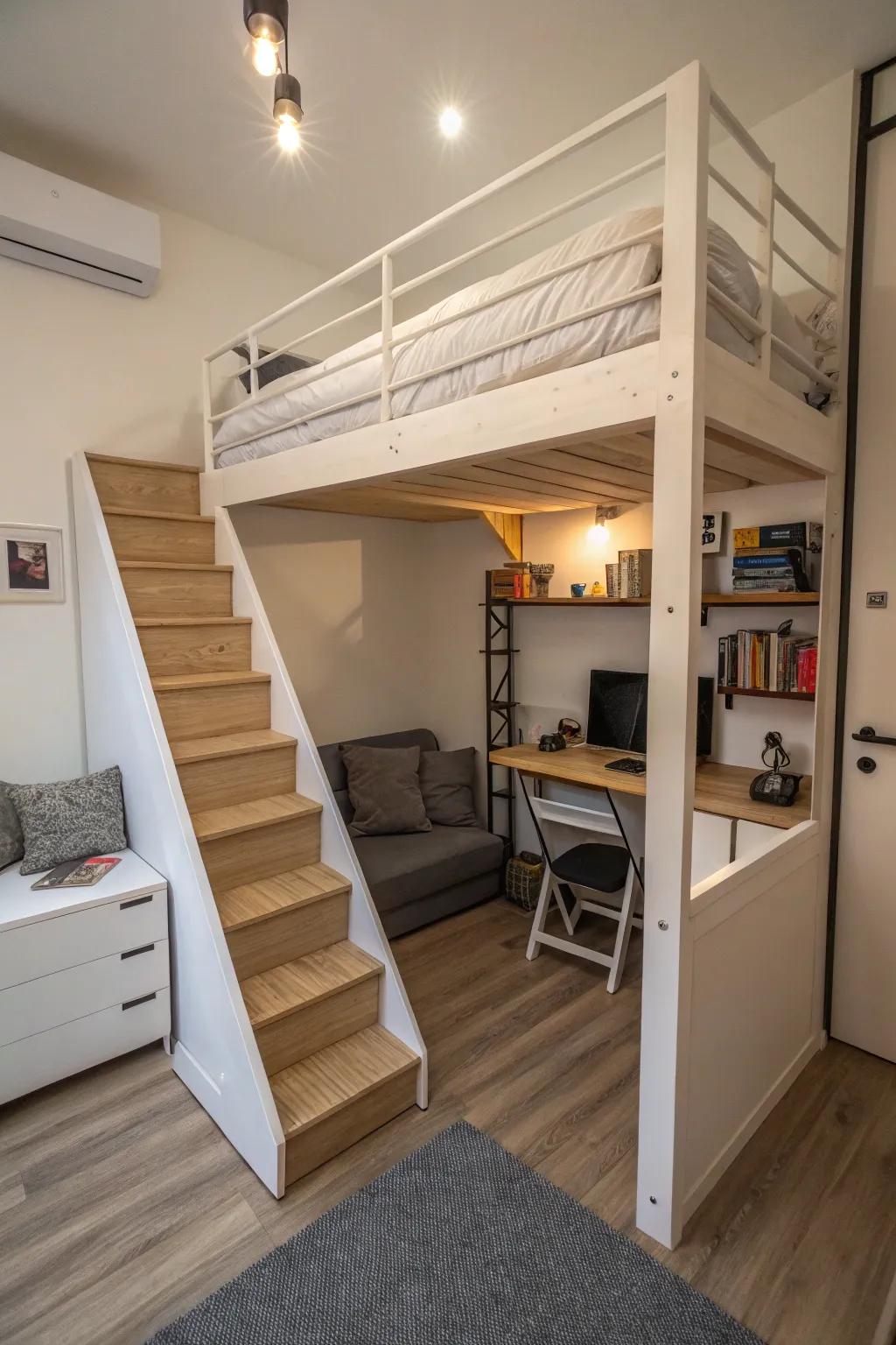Small loft beds are great for maximizing limited space without losing functionality.