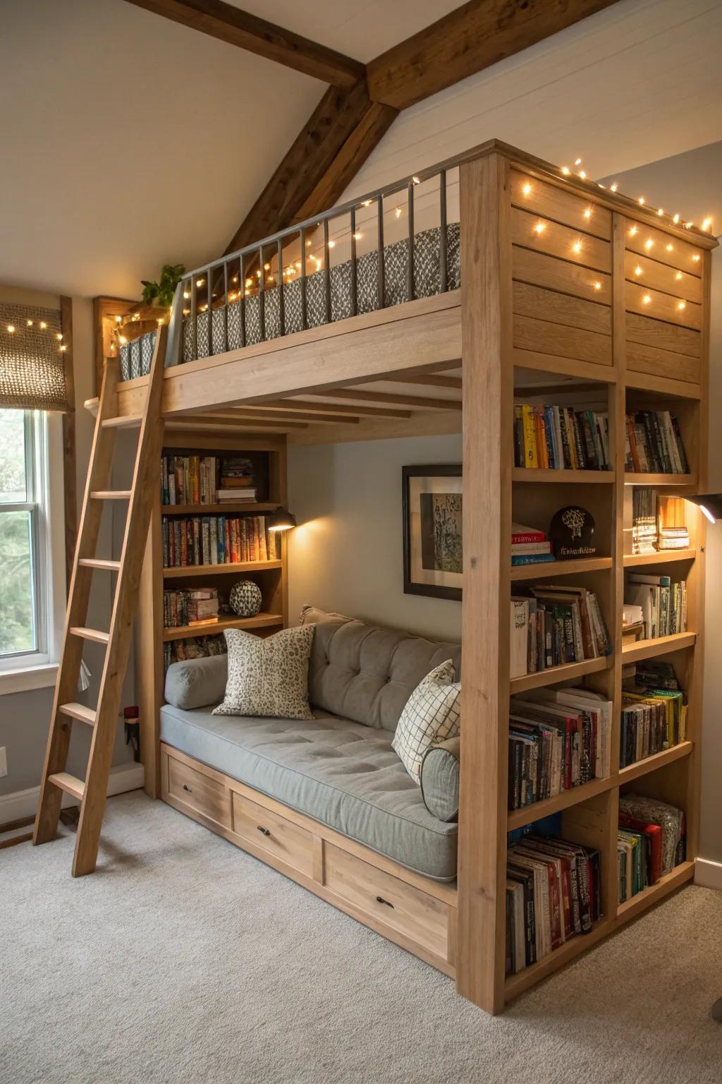 A high sleeper with a reading nook is ideal for book lovers seeking a cozy getaway.