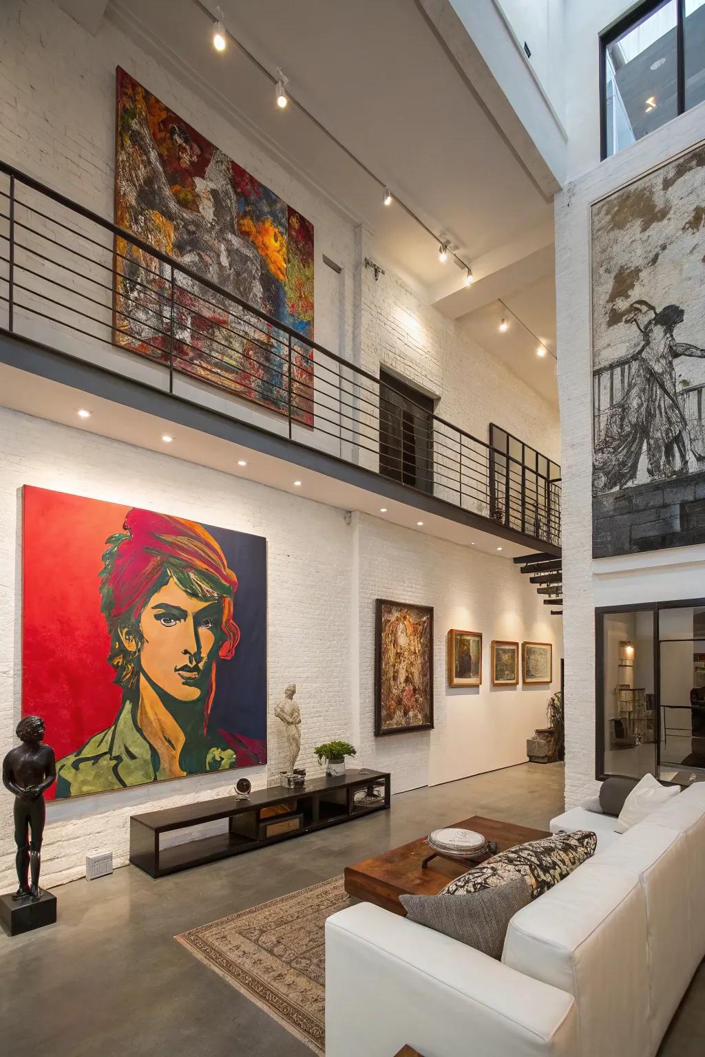 Striking art pieces create a bold statement.