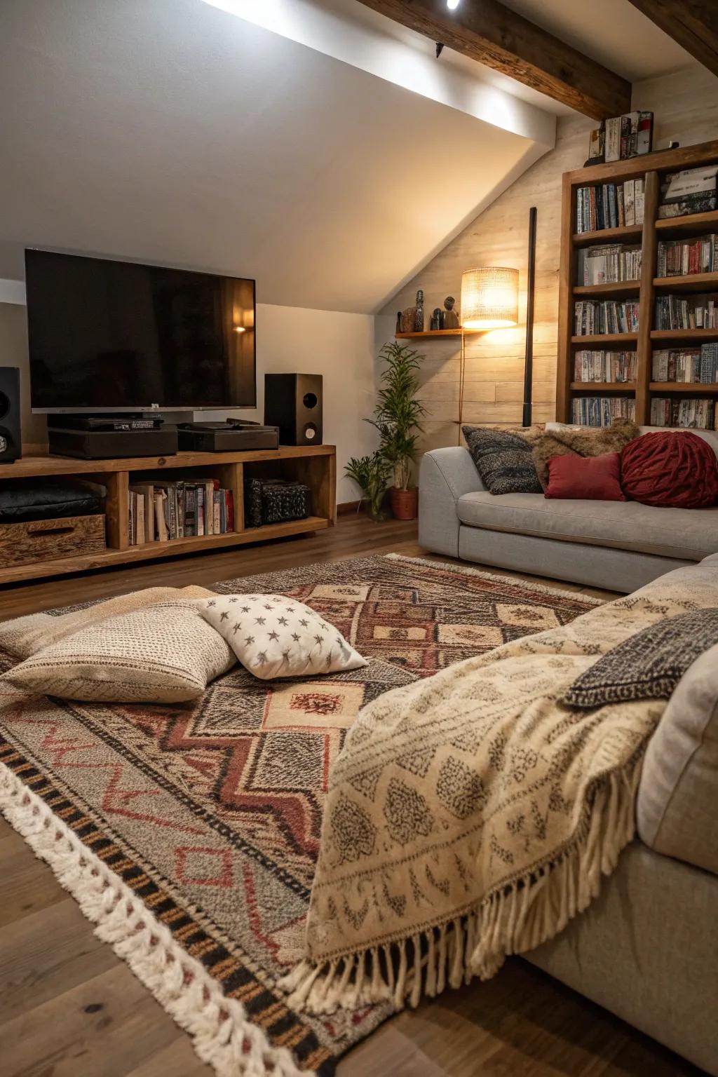 Comfortable textiles contribute warmth and coziness to your media space.