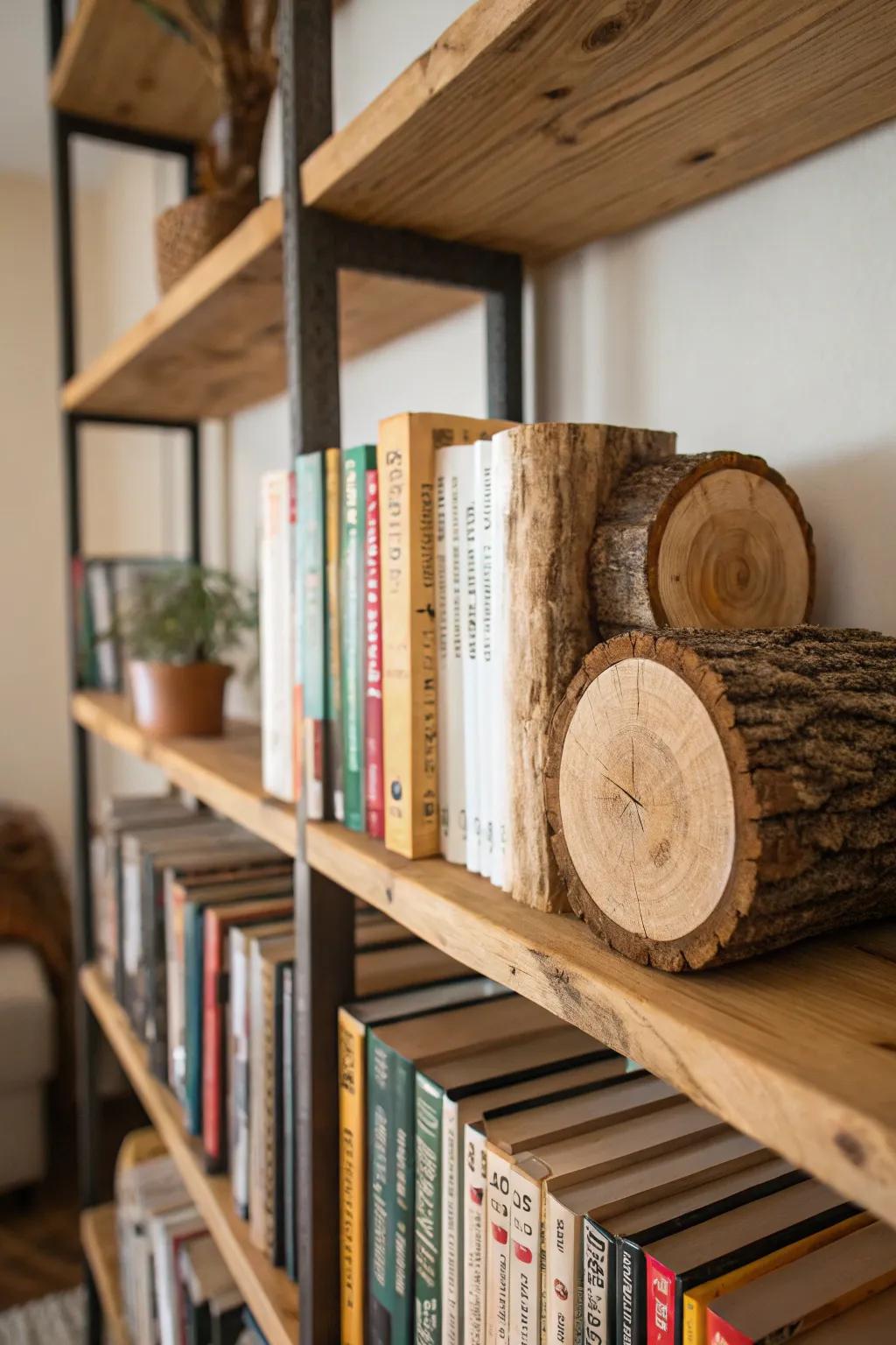 Lumber employed as organic book restraints on a bookshelf.