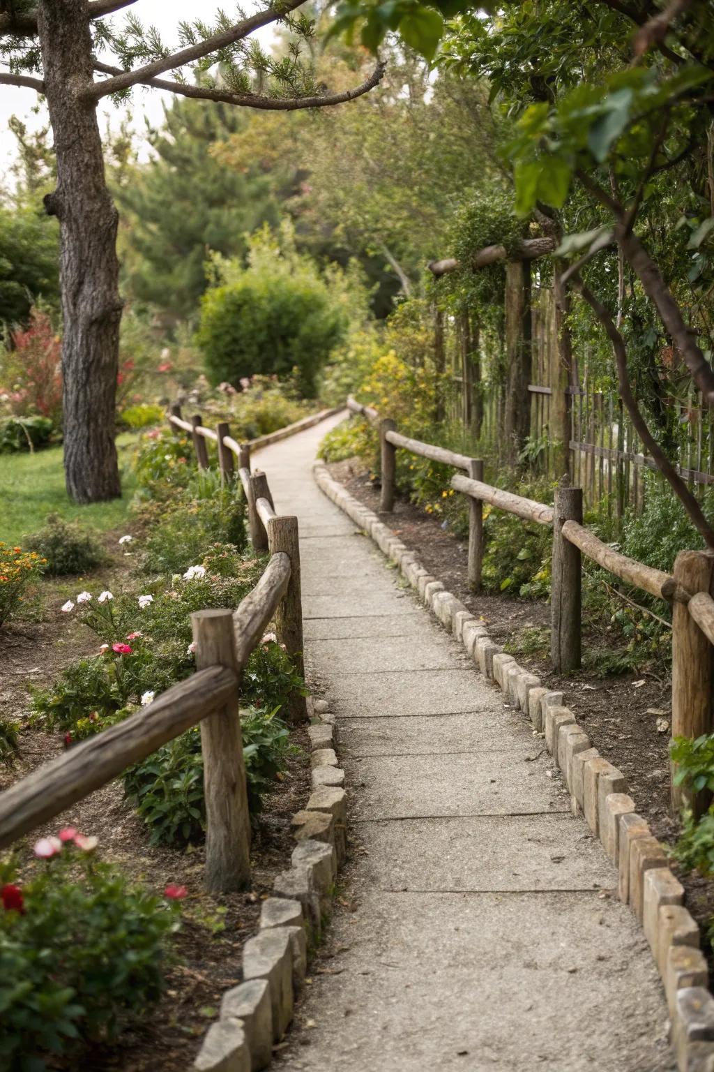 Timber walkway liners guide and define garden spaces.