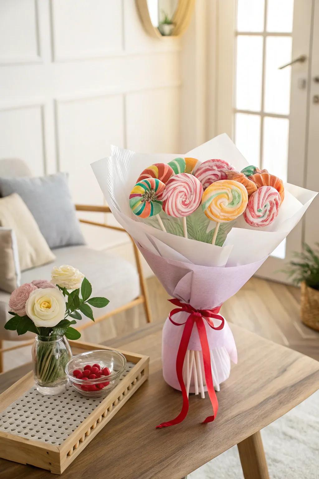 An alluring sweet treat blossom arrangement enveloped in fabric
