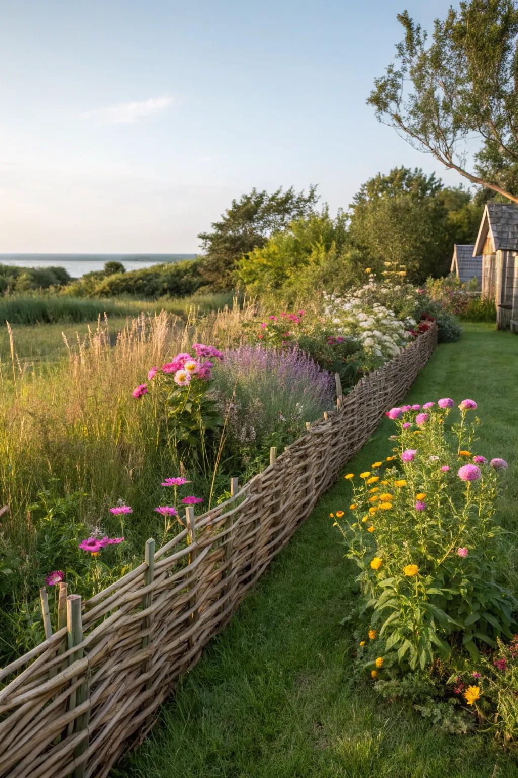 A woven willow fence brings a handcrafted touch to this front garden.