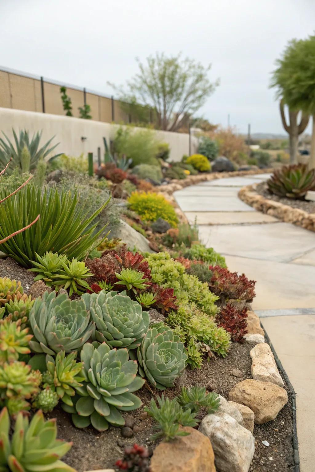 A xeriscaped garden in Portland with drought-tolerant plants and succulents.