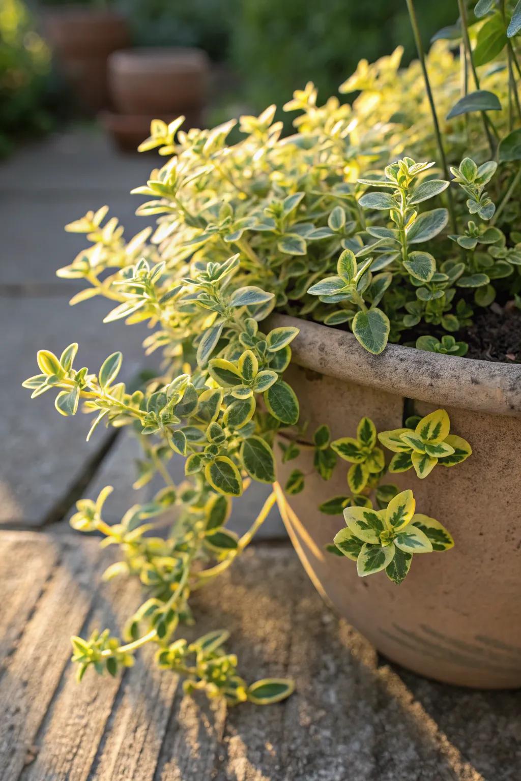 Amber Thyme cascading over a pot in sunlit conditions. <strong><em>The cascading effect is simply mesmerizing.</em></strong>” loading=”lazy” class=”pimg”>
	</picture><figcaption>Amber Thyme cascading over a pot in sunlit conditions. <strong><em>The cascading effect is simply mesmerizing.</em></strong></figcaption></figure>
<p>Amber Thyme cascades beautifully over pot edges and releases a lovely scent in the sun. It’s a must-have for both its ease and aromatic charm, enriching my garden with its delightful presence. <strong><em>Its fragrance is truly captivating.</em></strong></p>
<h3>Possibly handy products:</h3>
<ul class=