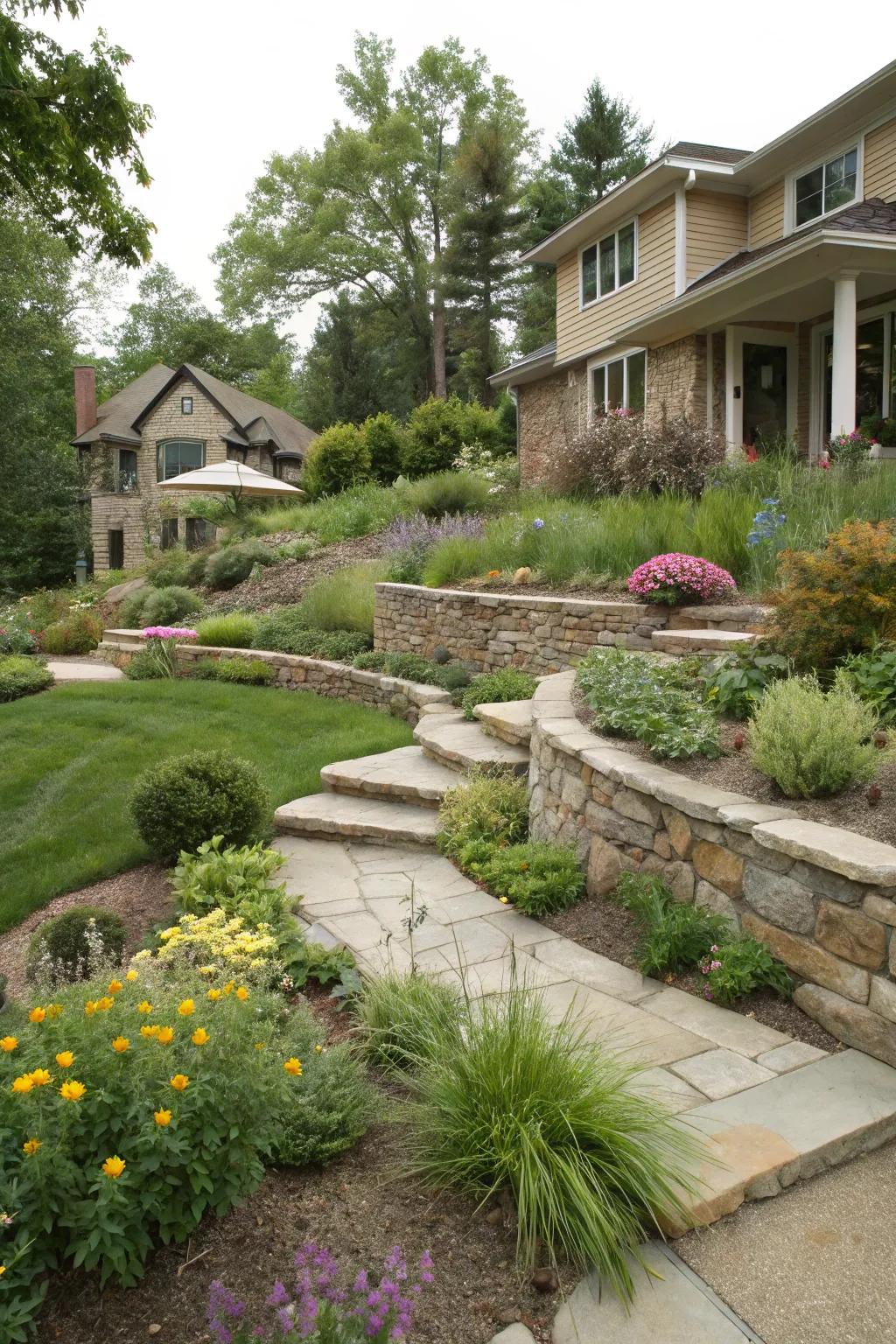 Less grass means less work and more beauty on a slope.