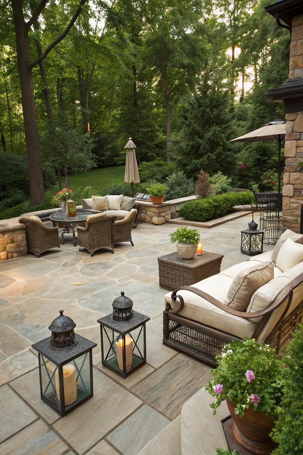 A stone patio adding elegance and functionality to the outdoor space.