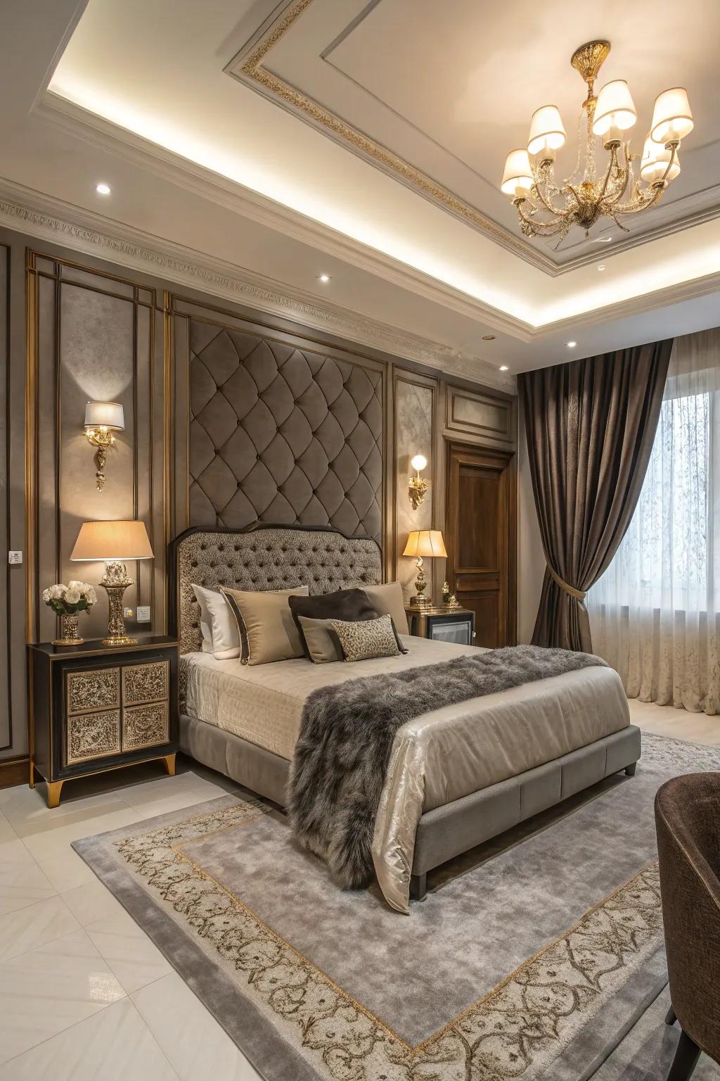 A luxurious bedroom with a fusion of modern and classic design components.