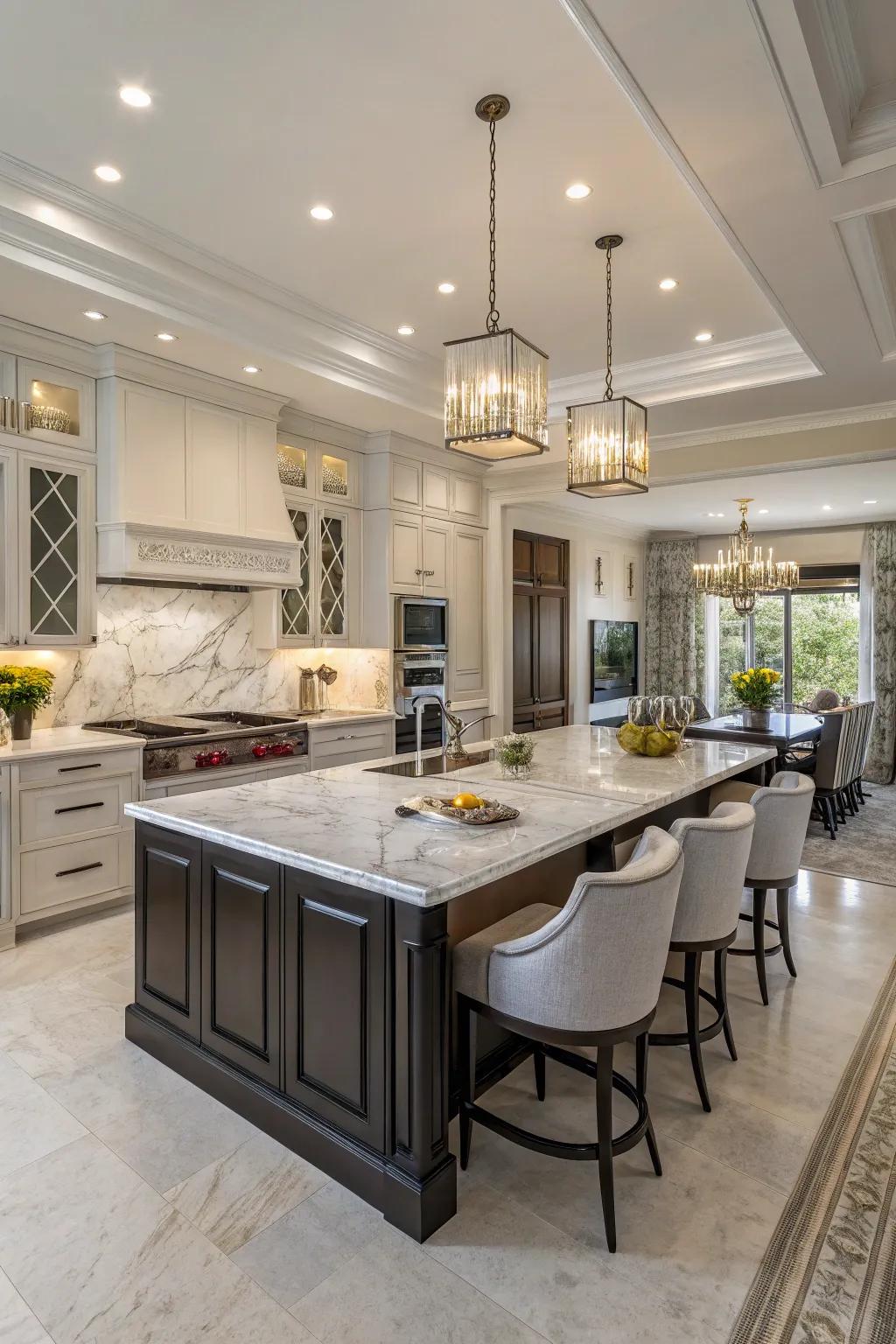 Mirrored kitchen islands delineate clear operational zones.