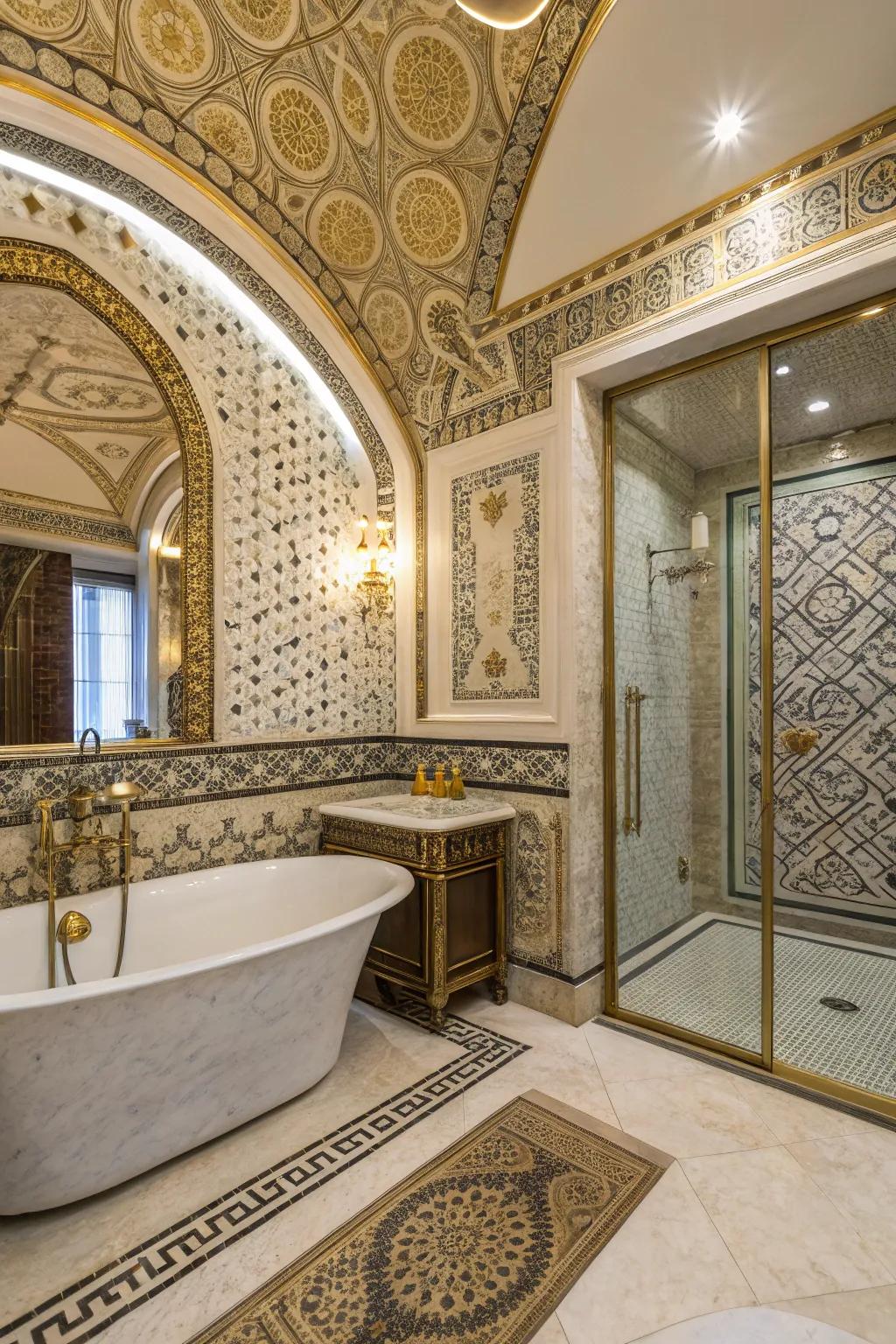 Ornate tile designs adding character to a modern bathroom.