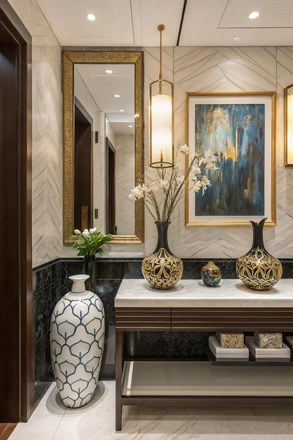 Stylish decor items inject a personal detail into this lavish powder room.