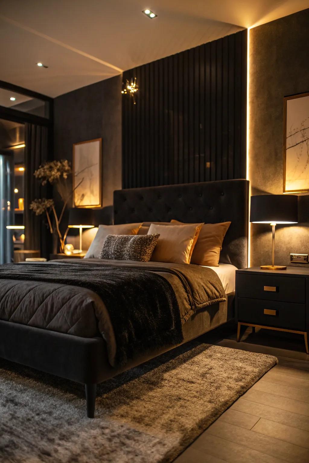Layered ambient illumination establishes a cozy and passionate atmosphere in this onyx bedroom.