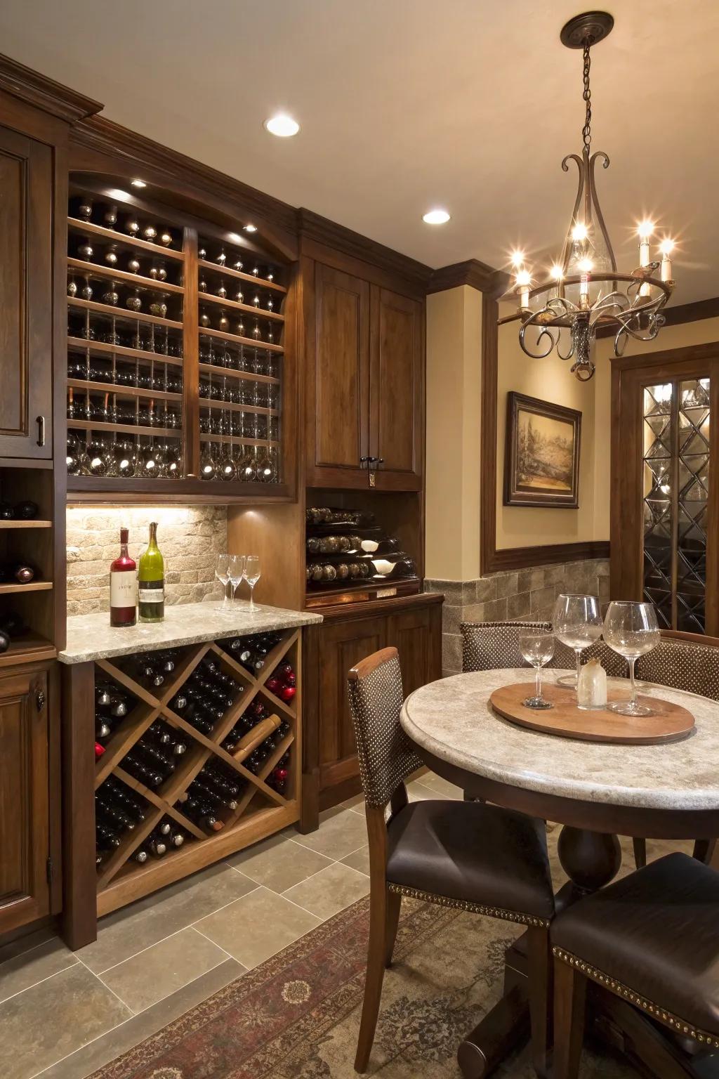 Elegance and comfort meet in a sophisticated wine tasting nook.