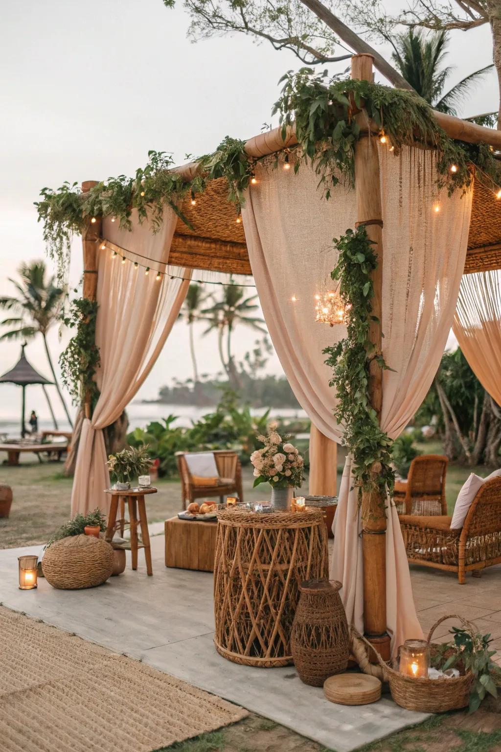 A chic free-spirit altar delivers a relaxed and stylish ambiance.