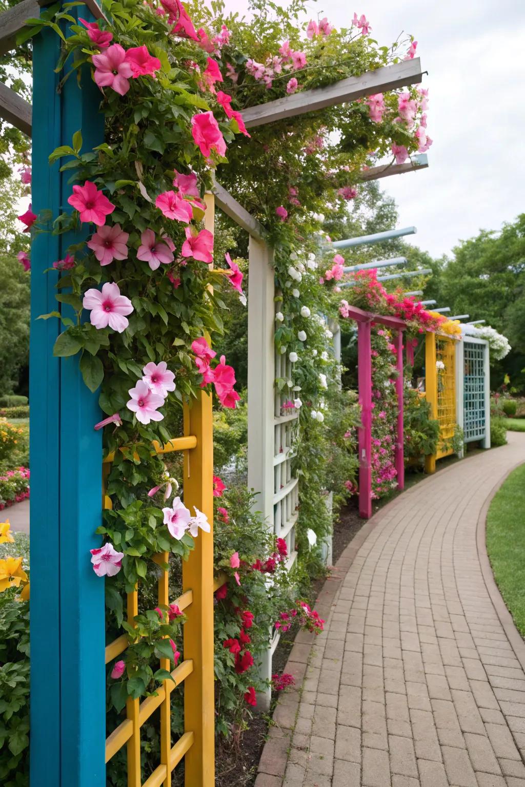 Colorful support boards offer an artistic setting for blushing trumpet vine blossoms.