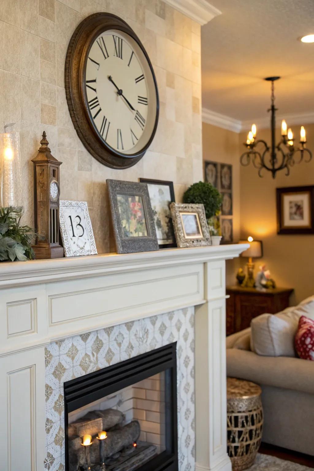 An artistic mantel with a timepiece and framed art.