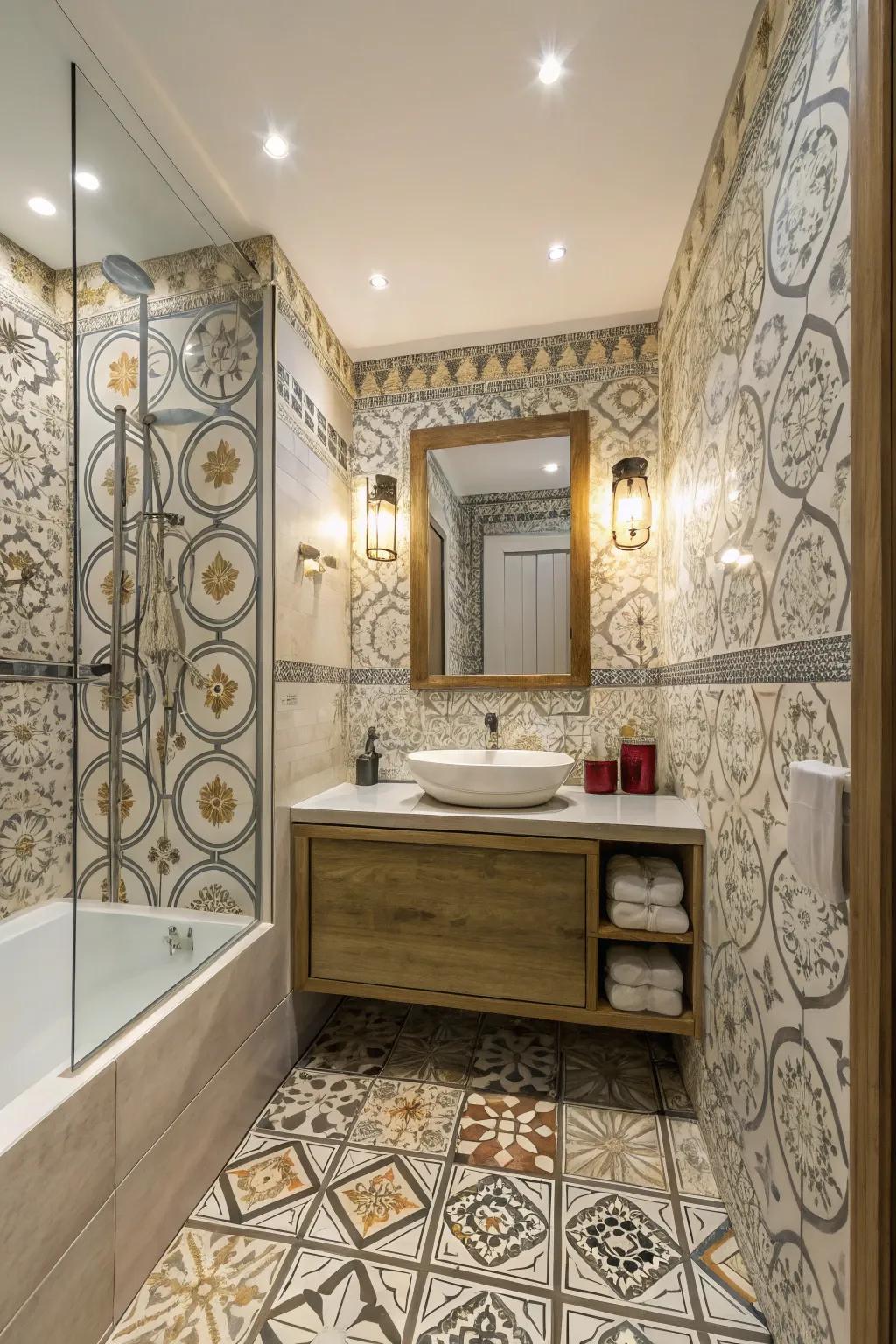 Patterned stone tiles splash on unique charm and style.