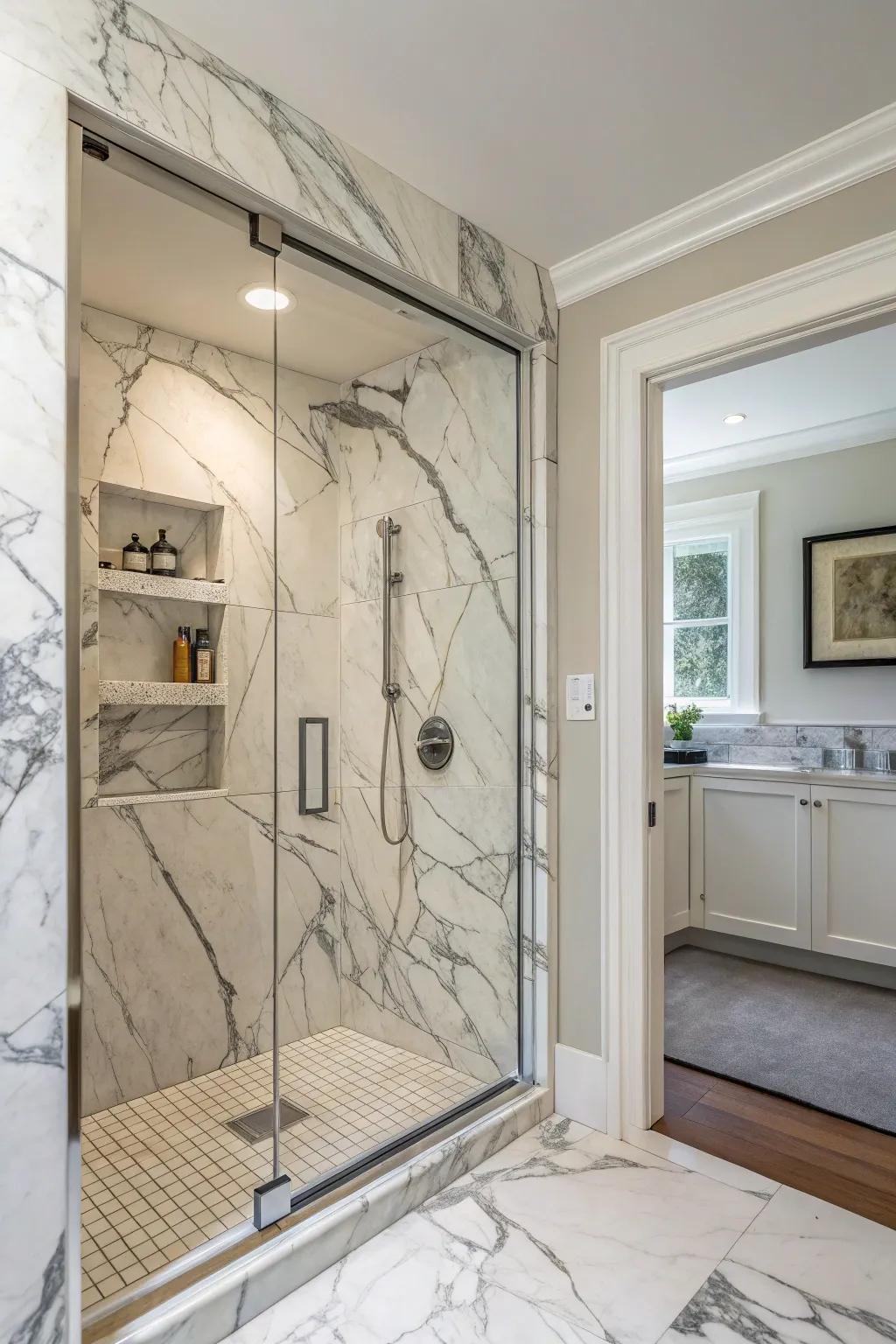 Valencian stone brings striking elegance to your shower alcove.