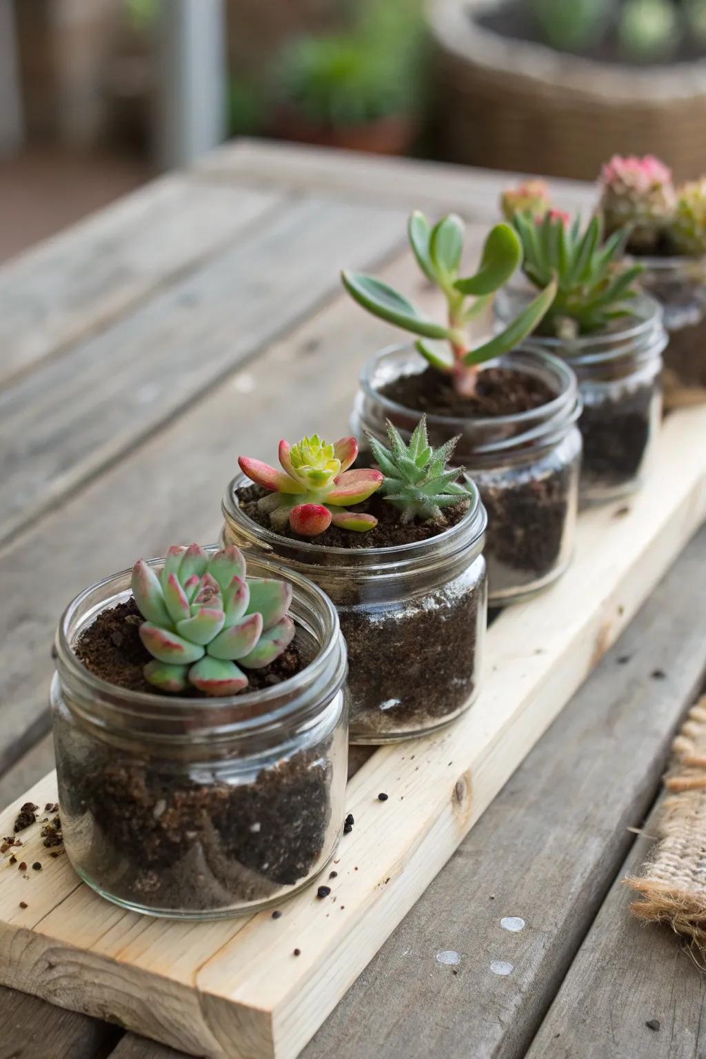 Quirky quart container succulent enclosures.