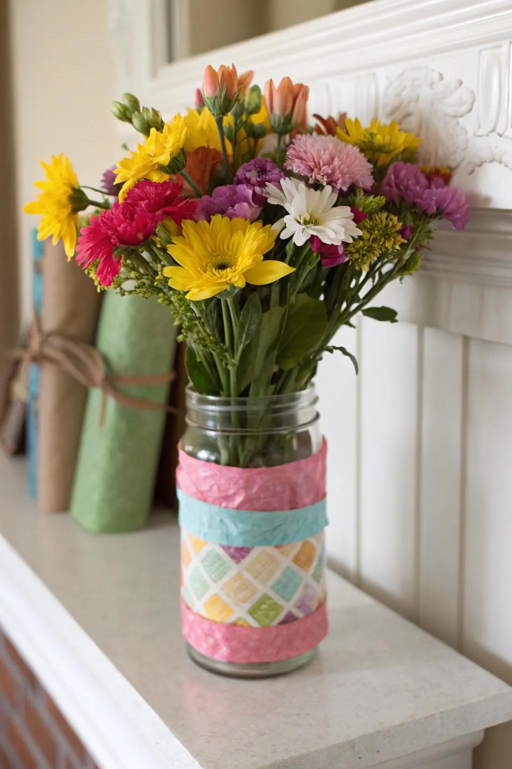 Incorporate a burst of color through paper layer-coated mason jars.