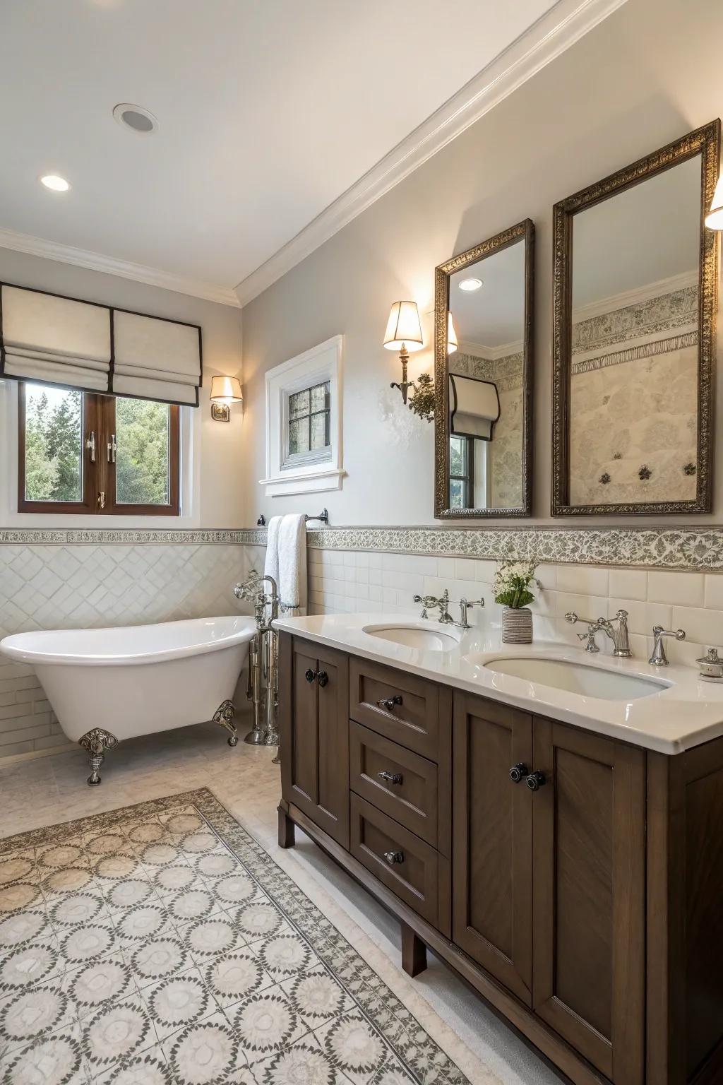 Bathroom seamlessly integrating modern and traditional design aspects to create a timeless ambiance.