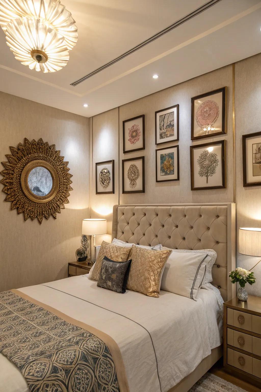 Ornamental touches like art and mirrors add a personal touch to your headboard wall.