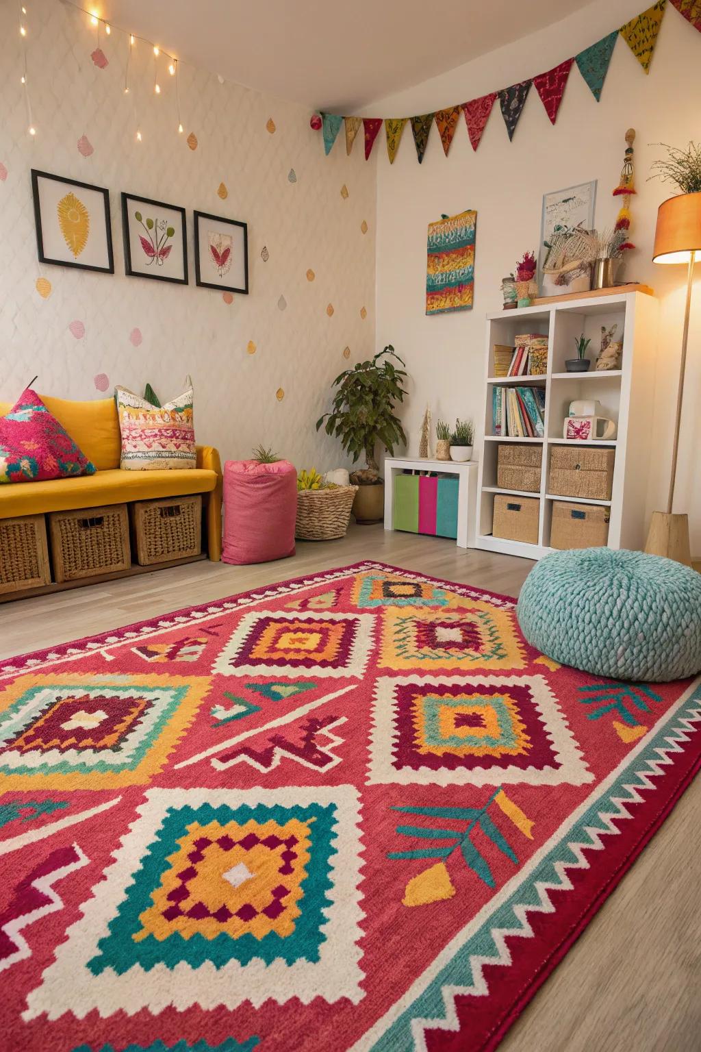 A striking rug ties the room in this maximalist haven.