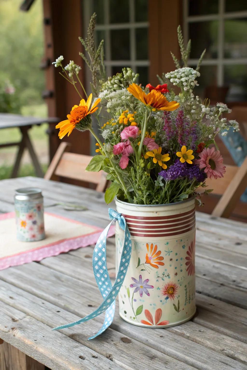 A charming vintage-inspired May basket crafted from a repurposed tin can.