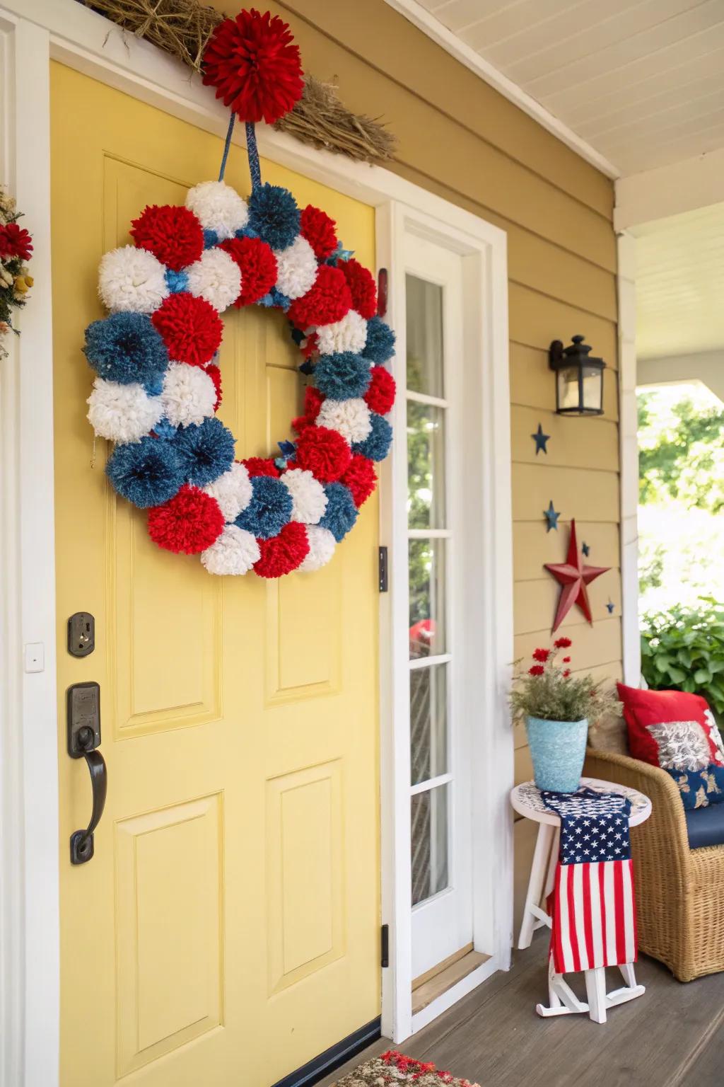 A fun and whimsical pom-pom wreath in patriotic shades.