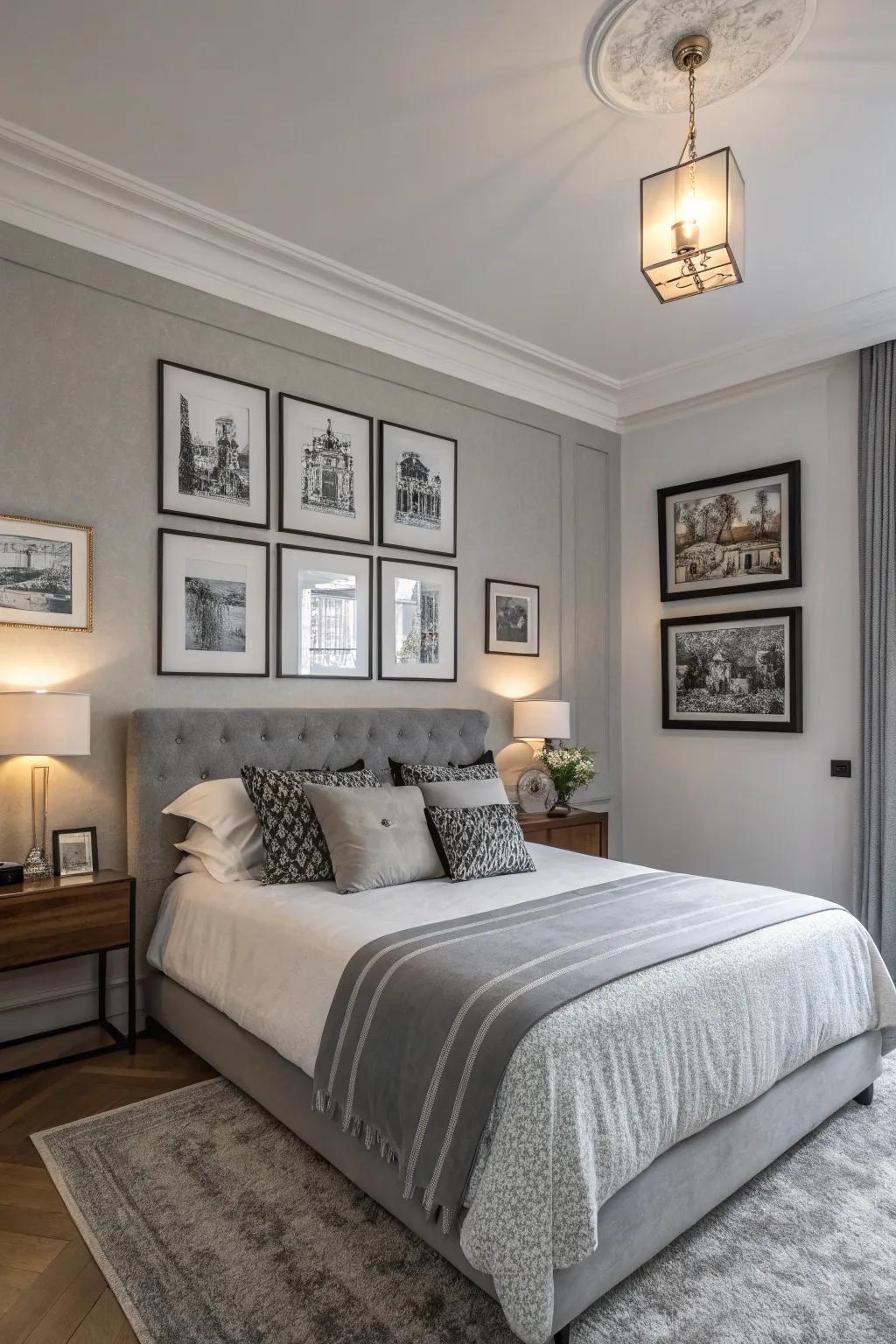 Monochrome art enhances the sophistication of this grey bedroom.