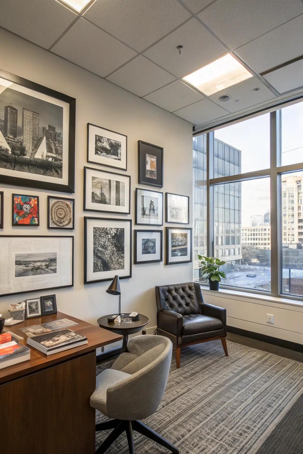 Personal artwork reflects your tastes and interests in your office.