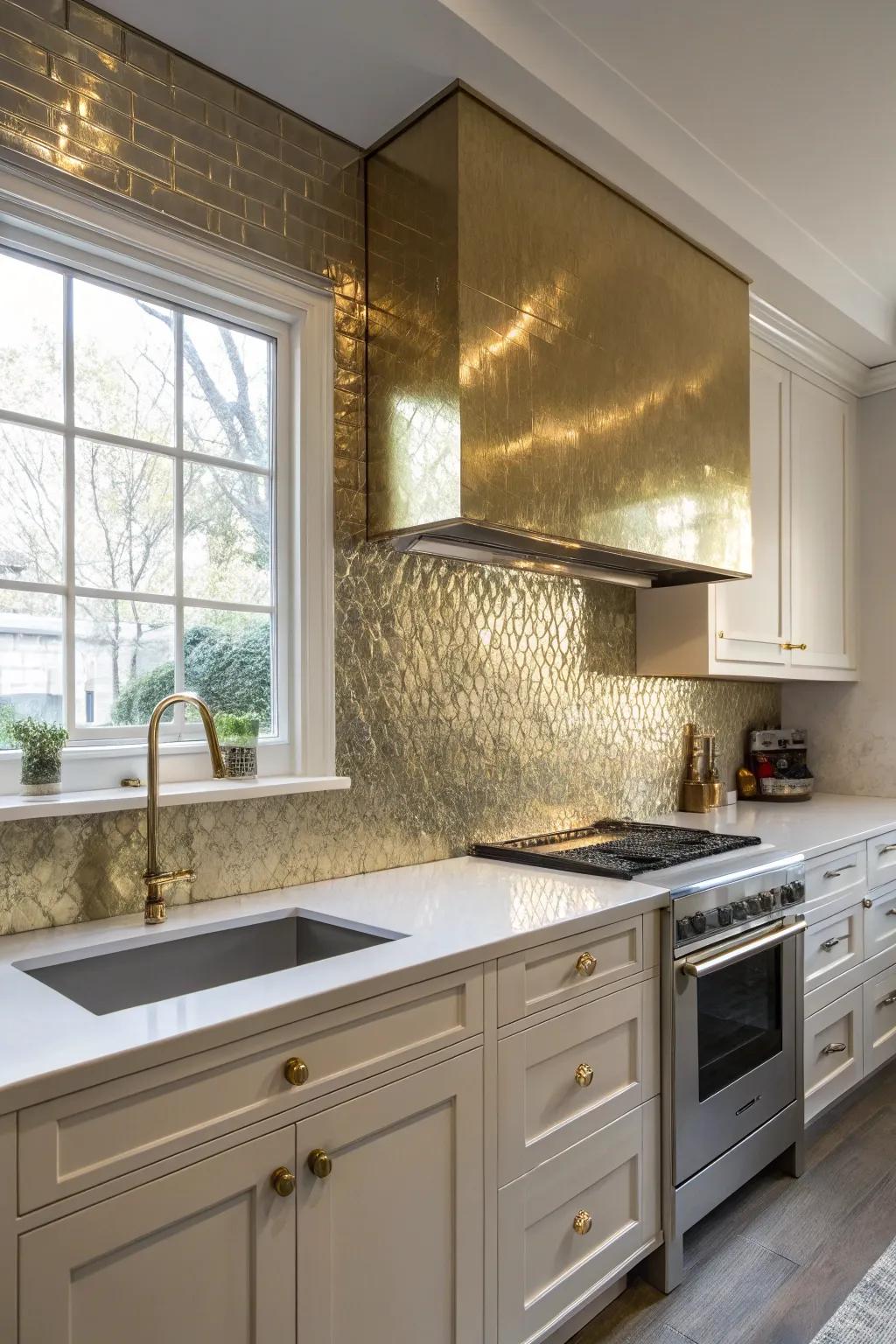 A kitchen showcasing a bold golden metal backsplash.