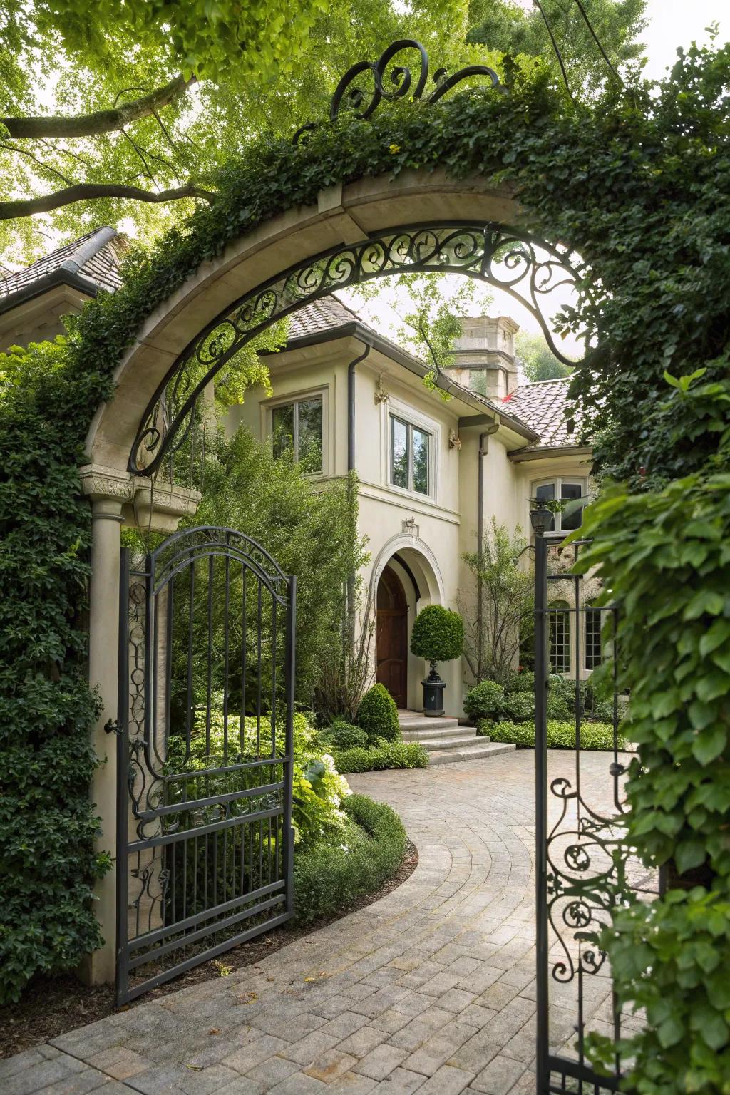 An arched metal gate that crafts a majestic entrance to your abode.