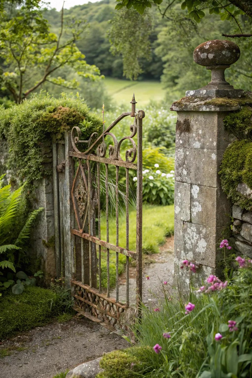 Rustic gates contribute vintage allure to garden entries.