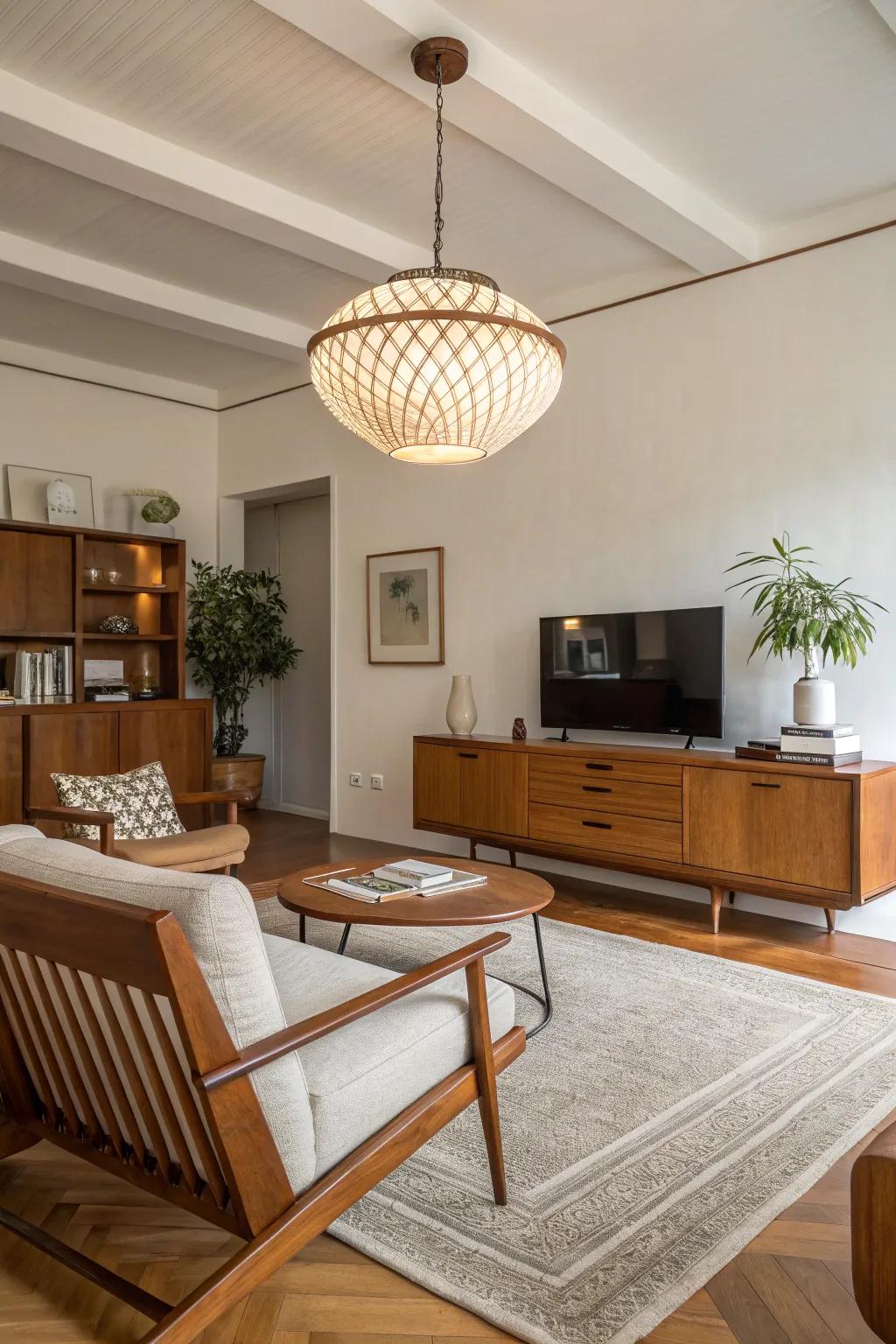 A modern pendant light acts as a key design piece in this mid-century living space.
