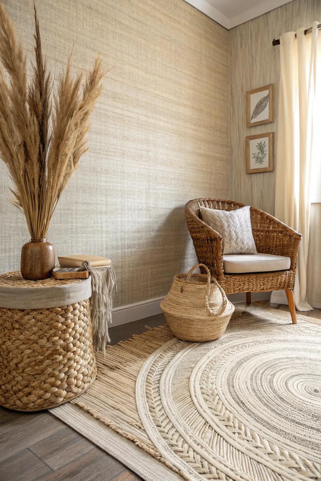 Cozy space with textured plant fiber mid-century wallcovering.
