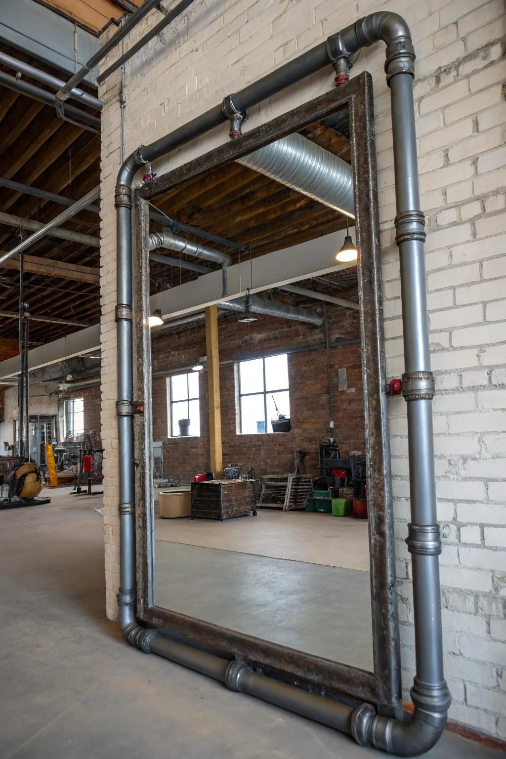 Metal tube frames give a mirror an industrial edge in a loft setting.