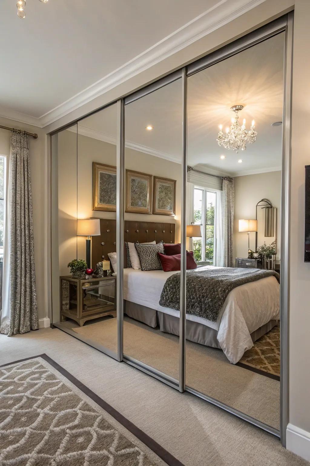 Mirrored closet doors conserve space and introduce a modern touch.