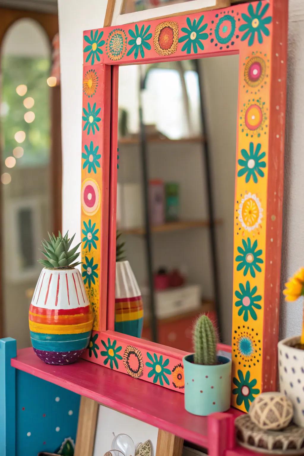 An eclectic mirror and ledge combination crafted for a vibrant, playful flair.