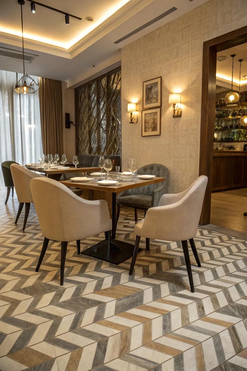 Zigzag tiles add an artistic element to a dining area.