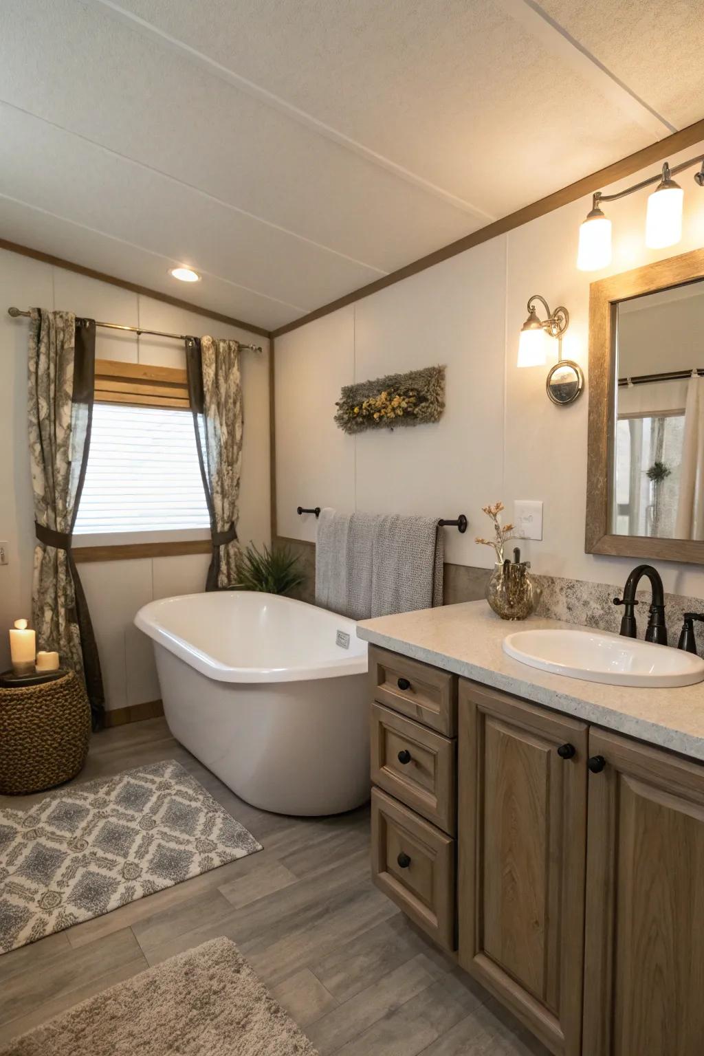 A spa-esque washroom boasting a standalone tub and elegant design, affording a lavish retreat.