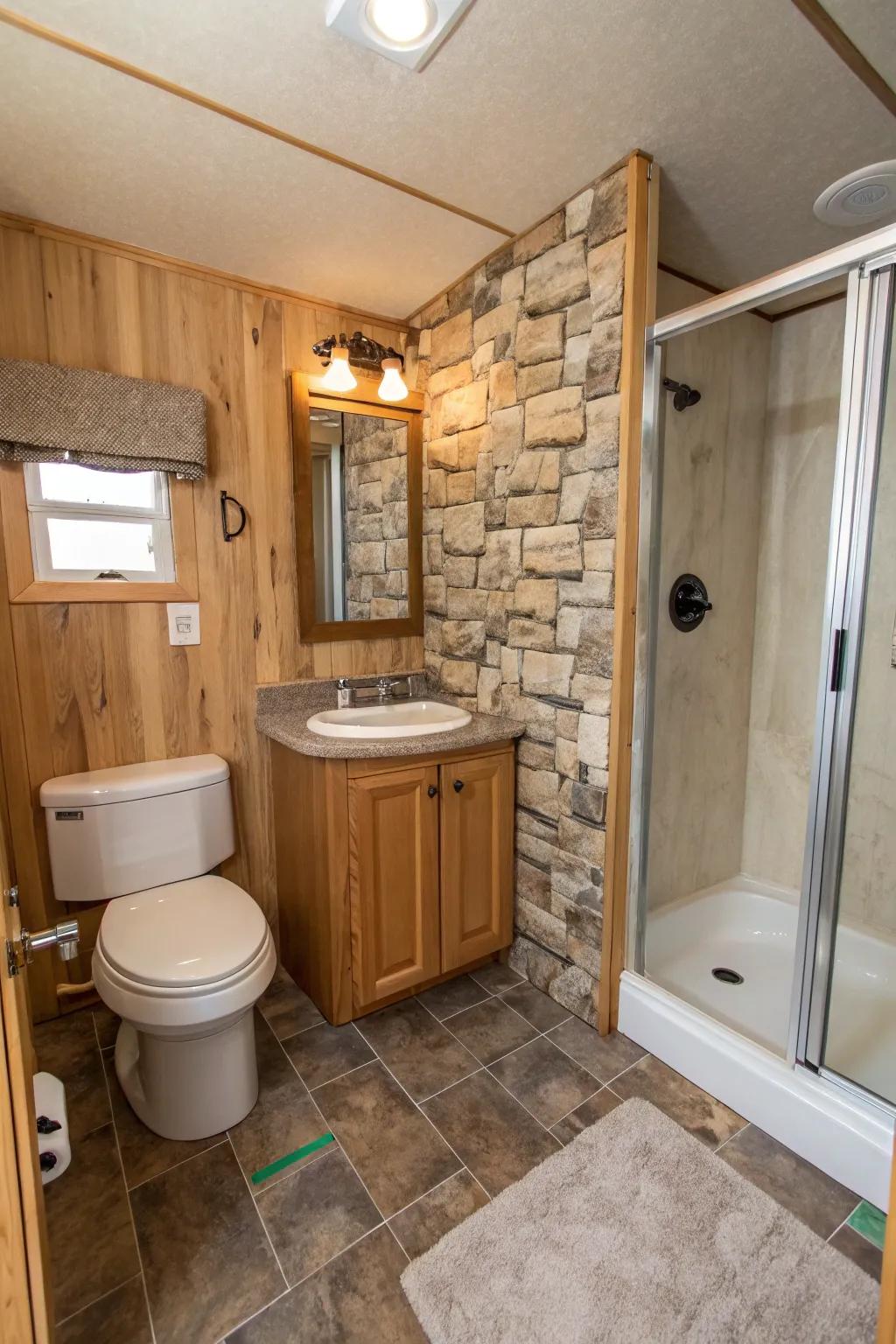 Textured emphases contribute depth and character to this bathroom.