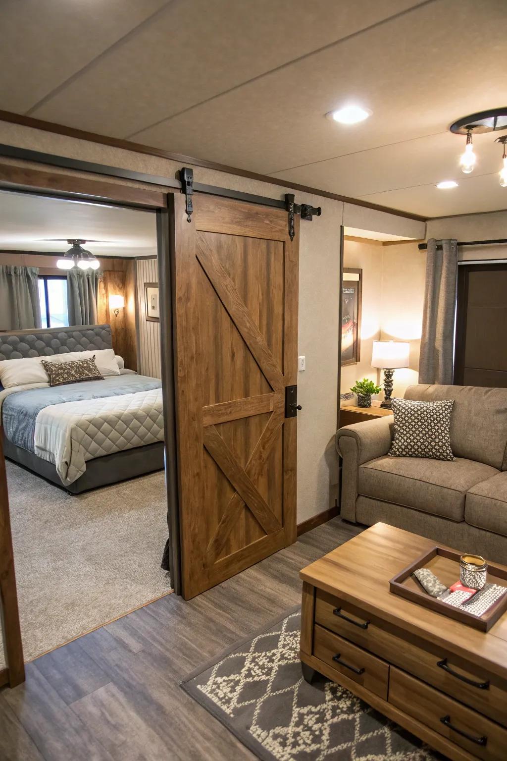 Sliding barn doors contribute style and conserve space.