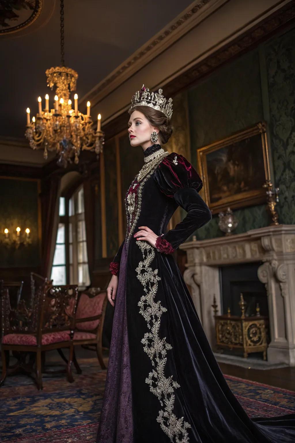 A regal and gothic-inspired ensemble with rich textures.