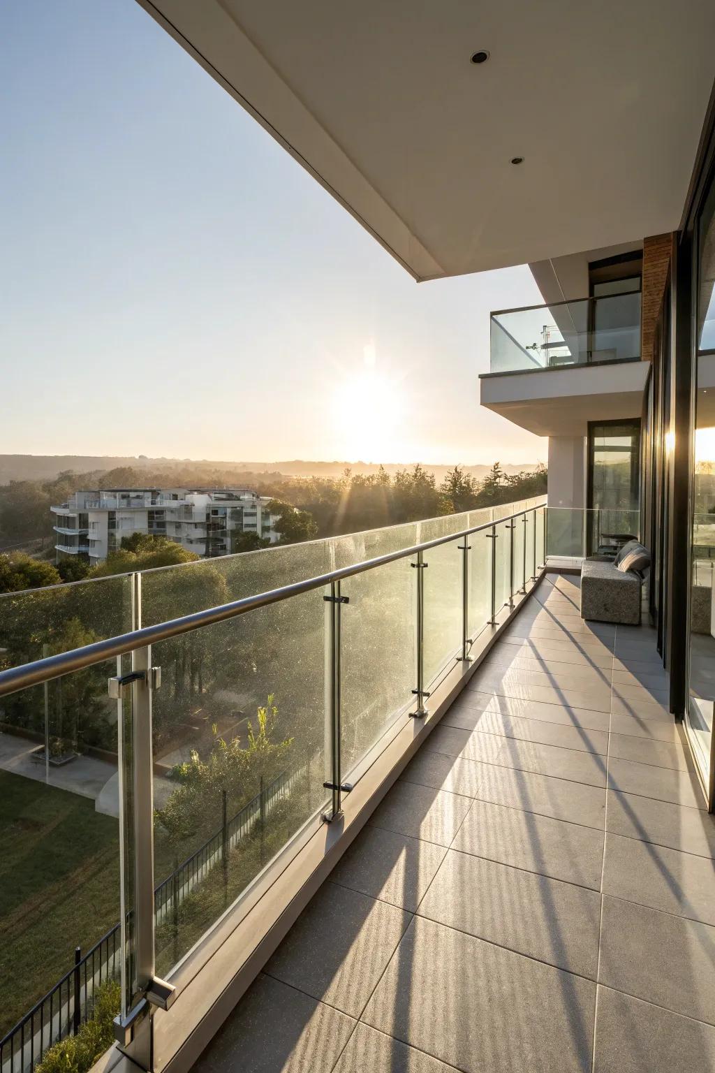 Contemporary balcony with crystal sheet borders and sunlight streaming through