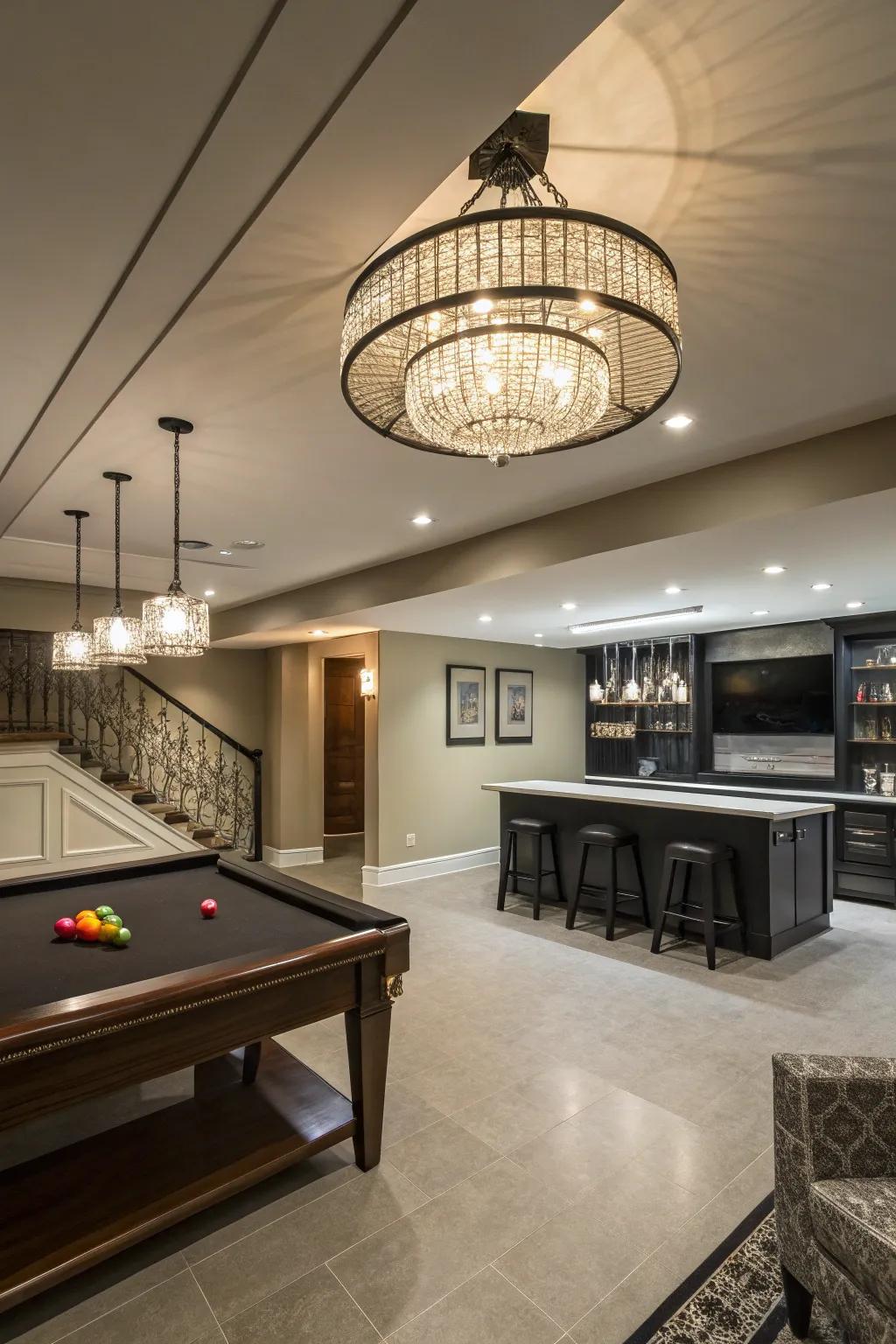 A remarkable ceiling mount becomes the focal point of the basement.
