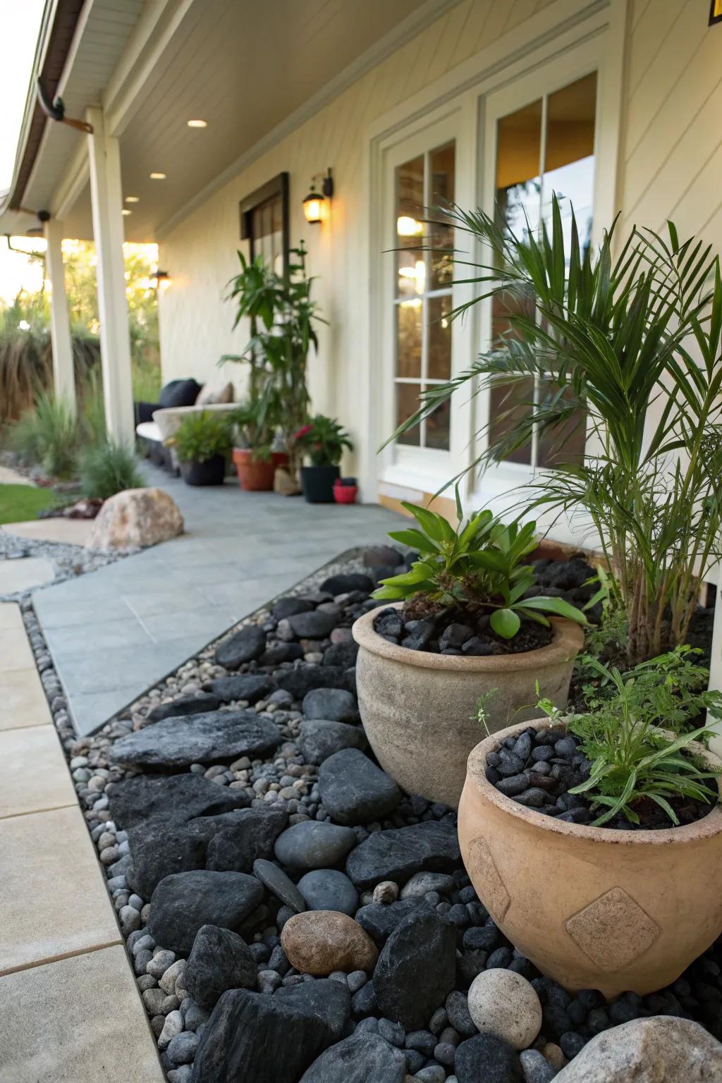 Dark stones contributing an elegant touch to terrace spaces.